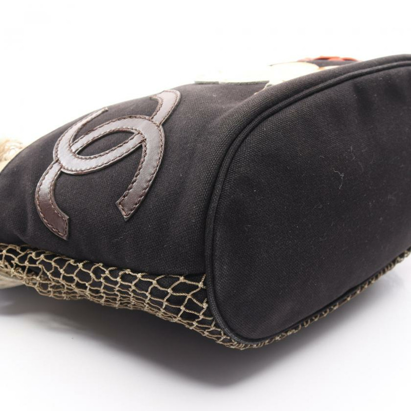 【日本直送】 中古CHANEL[BC]fishnet 雙C標誌 山茶花 帆布手提包托特包 絨面革 小羊皮 釉面皮 黑色 象牙白 多彩色-5