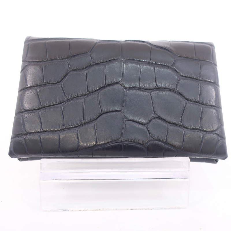 HERMES 黑色經典鱷魚皮短卡夾 10-8-1