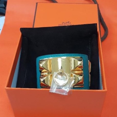 Hermes愛馬仕 CDC 孔雀綠皮革手環 Q刻 S號 金扣 9成新-0