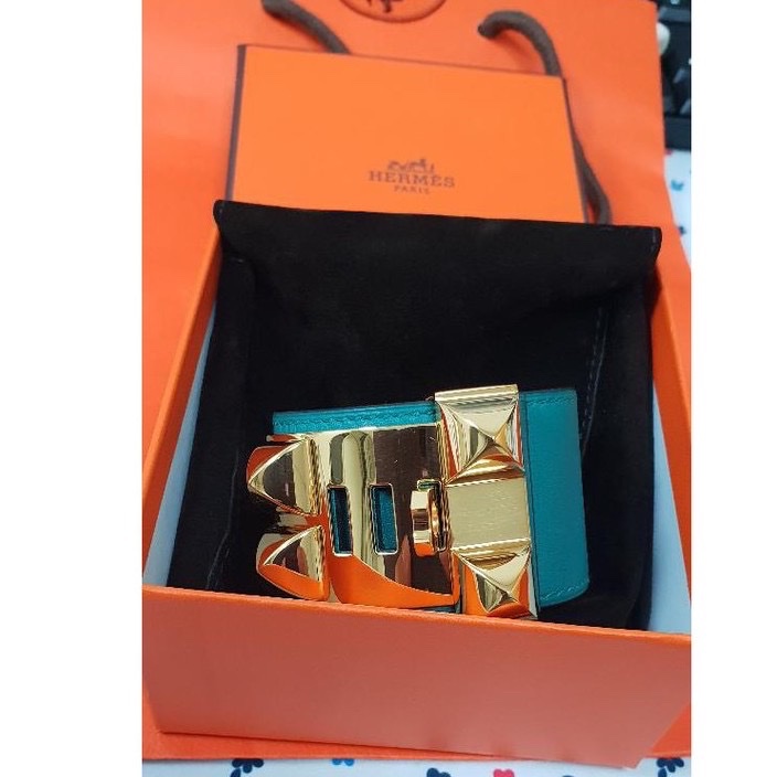 Hermes愛馬仕 CDC 孔雀綠皮革手環 Q刻 S號 金扣 9成新-1