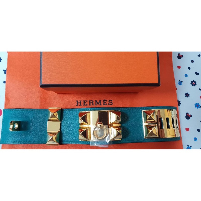 Hermes愛馬仕 CDC 孔雀綠皮革手環 Q刻 S號 金扣 9成新-3