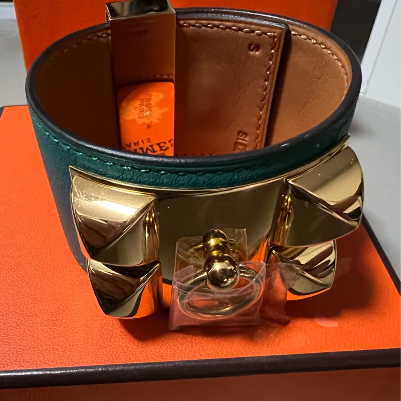 Hermes愛馬仕 CDC 孔雀綠皮革手環 Q刻 S號 金扣 9成新-4