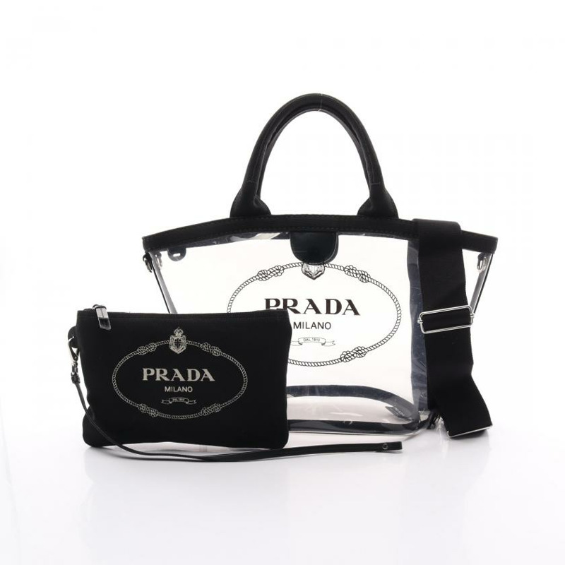 【日本直送】 中古PRADA[BC]PLEX+CANAPA 手包 托特包 乙烯基塑料 帆布 透明 黑色 兩用款-0