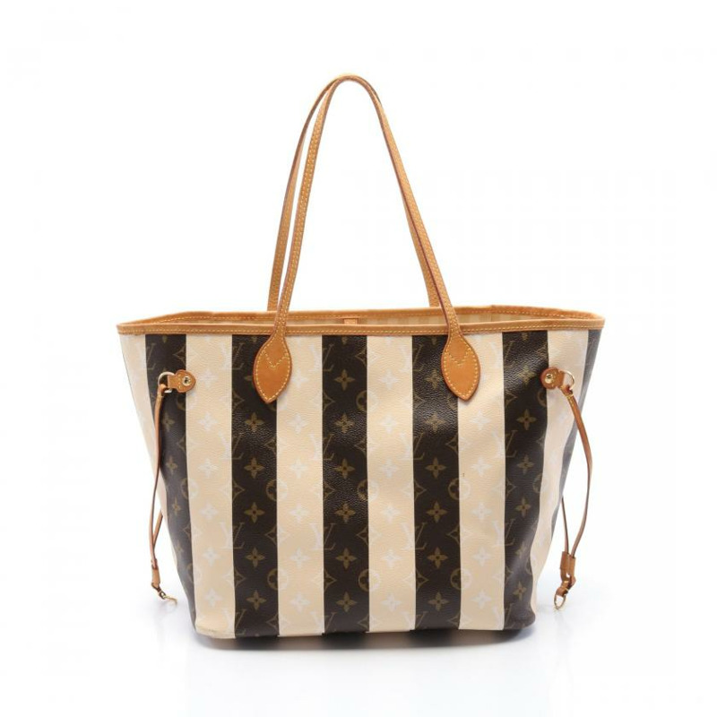 【日本直送】 中古LOUIS VUITTON[BC]老花Rayures Neverfull MM  肩包 托特包 PVC 皮 棕色 淺米色-0