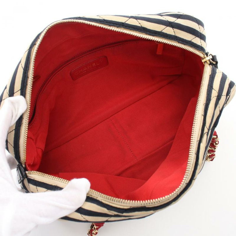 【日本直送】 中古CHANEL[BC]Chanel Coco Sailor  鏈條肩包 針織 真皮 海軍藍 米白色 紅色 金色五金-2