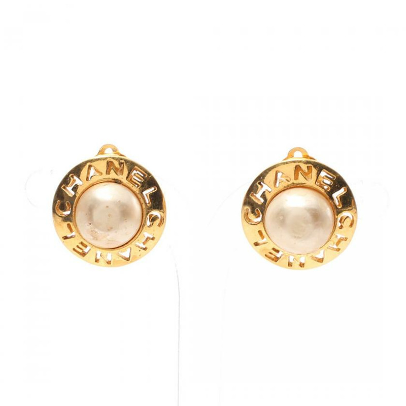 【日本直送】 中古CHANEL[BC]耳環 鍍金 人造珍珠 金色 米白色 Logo vintage-0