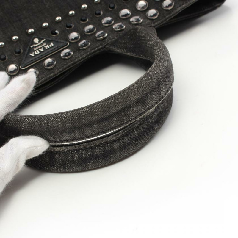 【日本直送】 中古PRADA[BC]CANAPA 卡納帕 手包 托特包 牛仔布 深灰色 寶石 兩用款-6