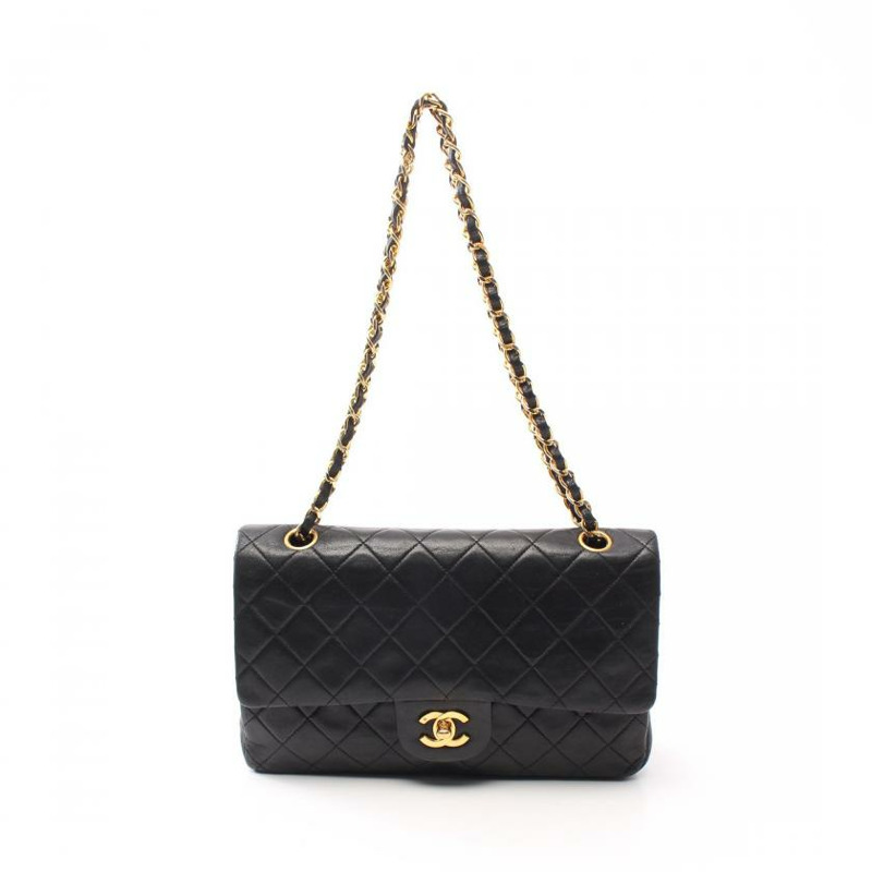 【日本直送】 中古CHANEL[BC]CF 菱格紋 雙翻蓋 雙鏈條肩包 小羊皮 黑色 金色五金 vintage-0