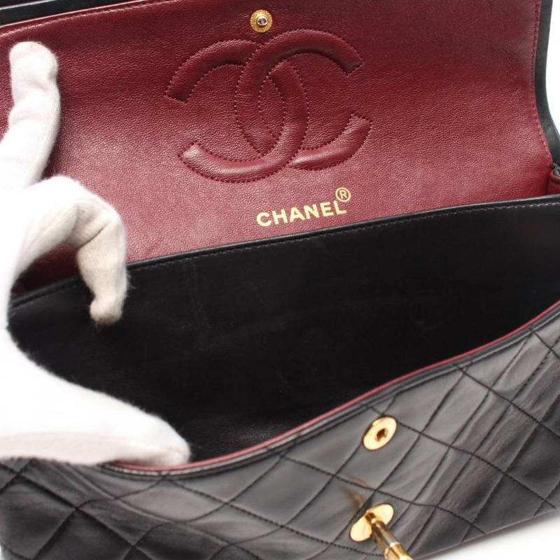 【日本直送】 中古CHANEL[BC]CF 菱格紋 雙翻蓋 雙鏈條肩包 小羊皮 黑色 金色五金 vintage-8