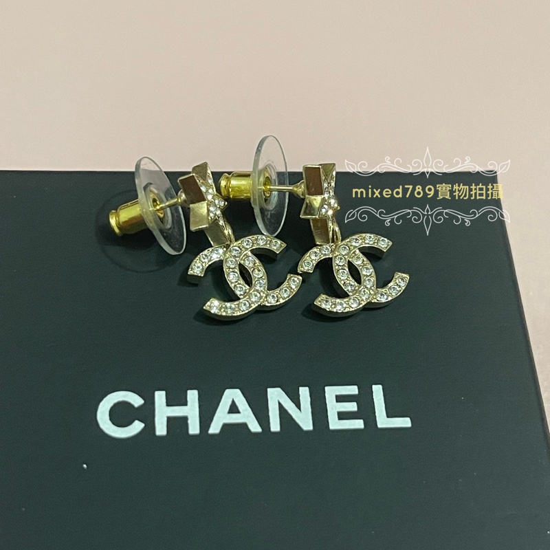 chanel 23A 經典雙C 水鑽五角星 耳針式耳環-2
