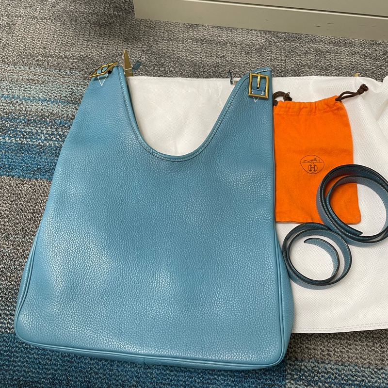 愛馬仕Hermes牛仔藍Togo皮金釦ℹ️方框I刻Massai PM單肩包/斜背包-23