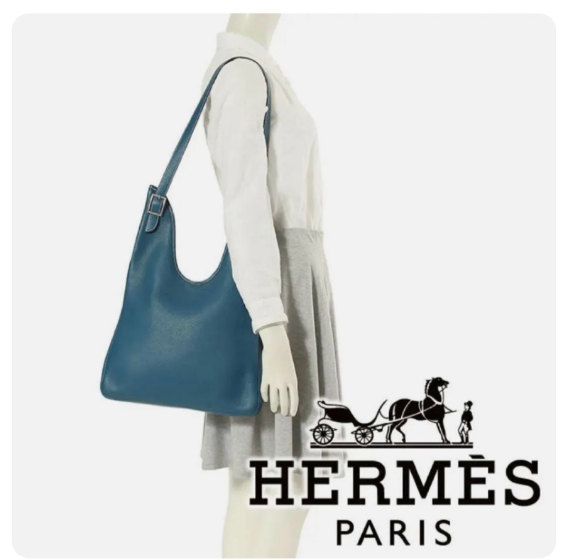 愛馬仕Hermes牛仔藍Togo皮金釦ℹ️方框I刻Massai PM單肩包/斜背包-0
