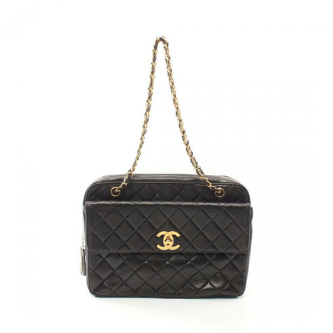 【日本直送】 中古CHANEL[B]雙C標誌 鏈條肩包 小羊皮 黑色 金色五金