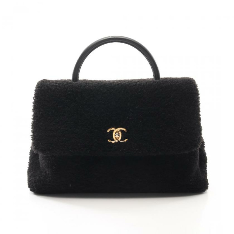 【日本直送】 中古CHANEL[B]雙C標誌 頂部把手 襟翼 手包 羊毛皮 皮革 黑色 黃金五金-0