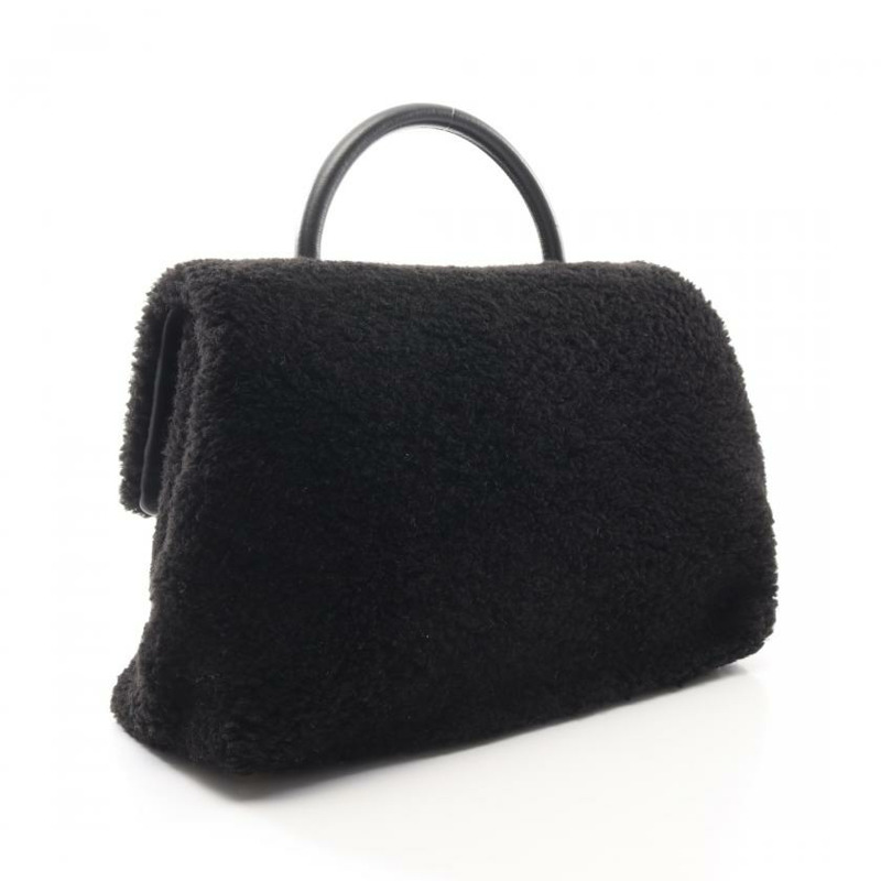 【日本直送】 中古CHANEL[B]雙C標誌 頂部把手 襟翼 手包 羊毛皮 皮革 黑色 黃金五金-1