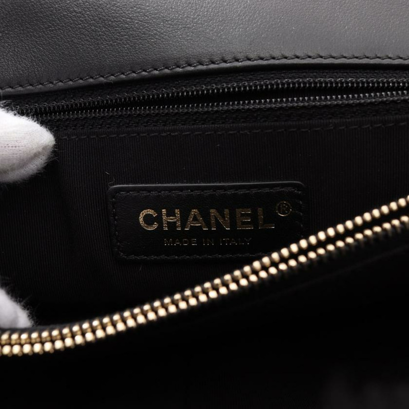 【日本直送】 中古CHANEL[B]雙C標誌 頂部把手 襟翼 手包 羊毛皮 皮革 黑色 黃金五金-3