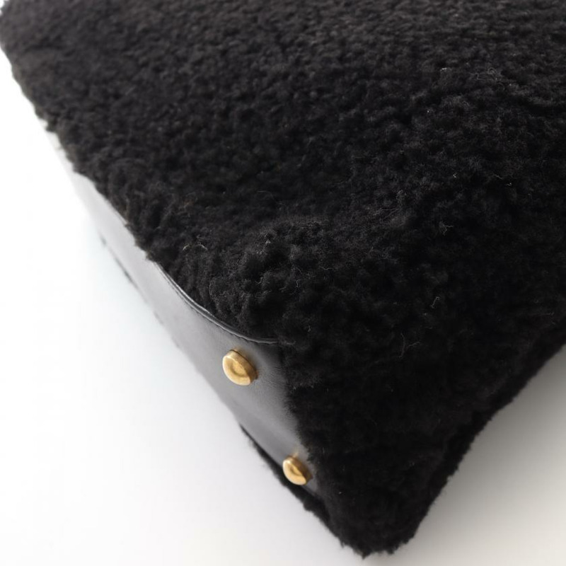 【日本直送】 中古CHANEL[B]雙C標誌 頂部把手 襟翼 手包 羊毛皮 皮革 黑色 黃金五金-5