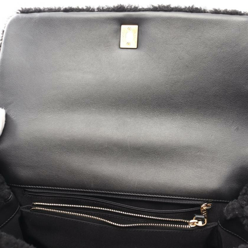 【日本直送】 中古CHANEL[B]雙C標誌 頂部把手 襟翼 手包 羊毛皮 皮革 黑色 黃金五金-7