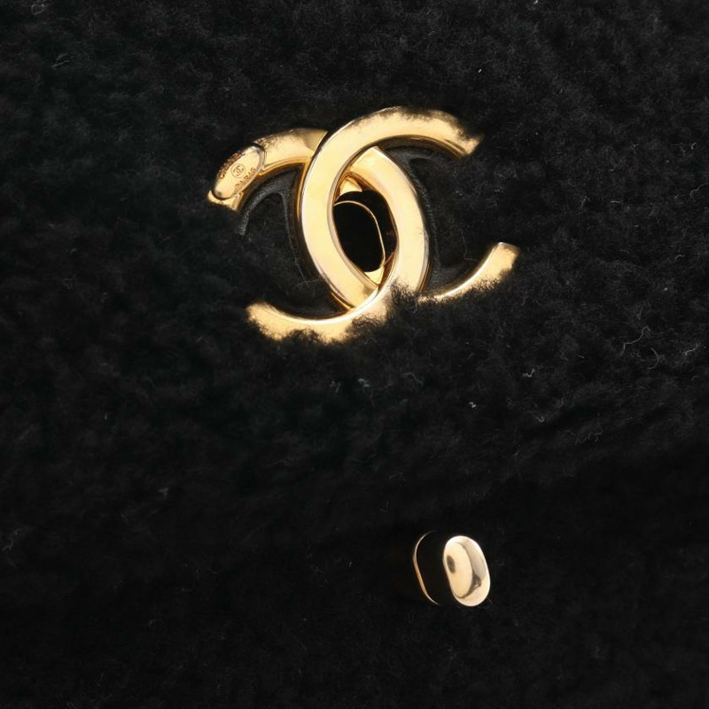 【日本直送】 中古CHANEL[B]雙C標誌 頂部把手 襟翼 手包 羊毛皮 皮革 黑色 黃金五金-8