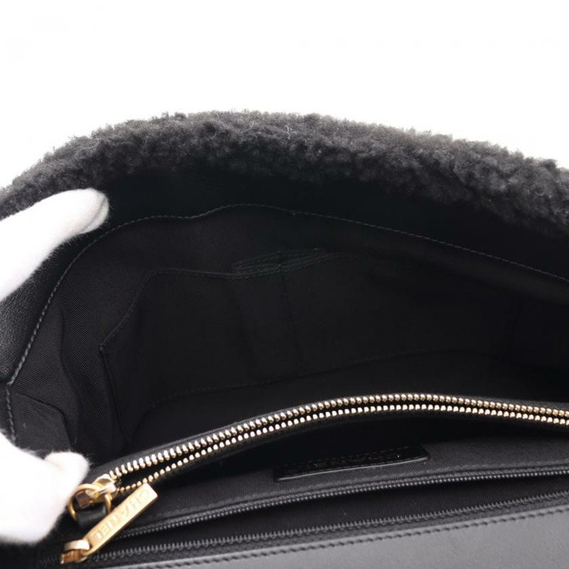 【日本直送】 中古CHANEL[B]雙C標誌 頂部把手 襟翼 手包 羊毛皮 皮革 黑色 黃金五金-9