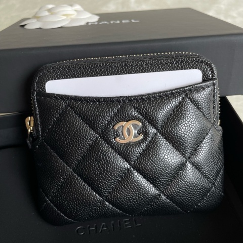 Chanel 黑色荔枝紋金雙c吐司零錢包