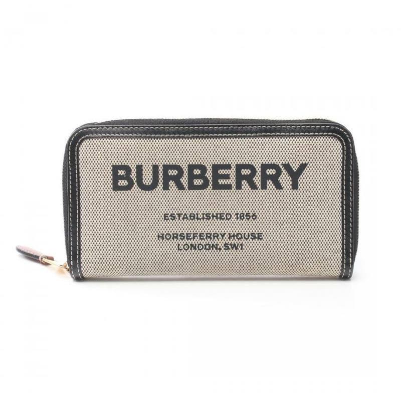 【日本直送】 中古BURBERRY[BC]馬渡打印 圓形拉鍊長錢包 帆布 皮革 淺褐色 黑色-0