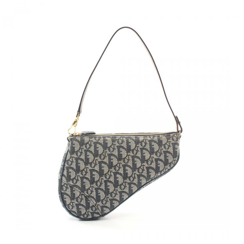 【日本直送】 中古Christian Dior[B]Saddle Bag Trotter 帆佈單肩包 真皮 米色 海軍藍-0