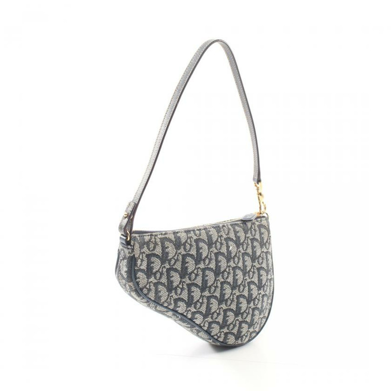 【日本直送】 中古Christian Dior[B]Saddle Bag Trotter 帆佈單肩包 真皮 米色 海軍藍-1