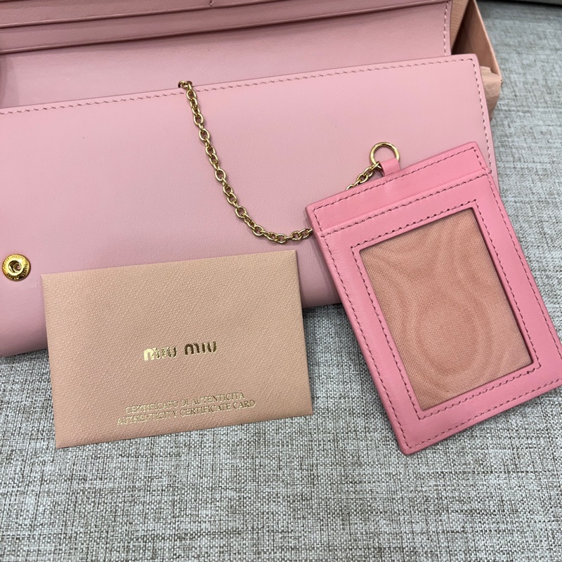 miu miu BOW 撞色蝴蝶結飾小牛皮證件夾長夾(粉)-8