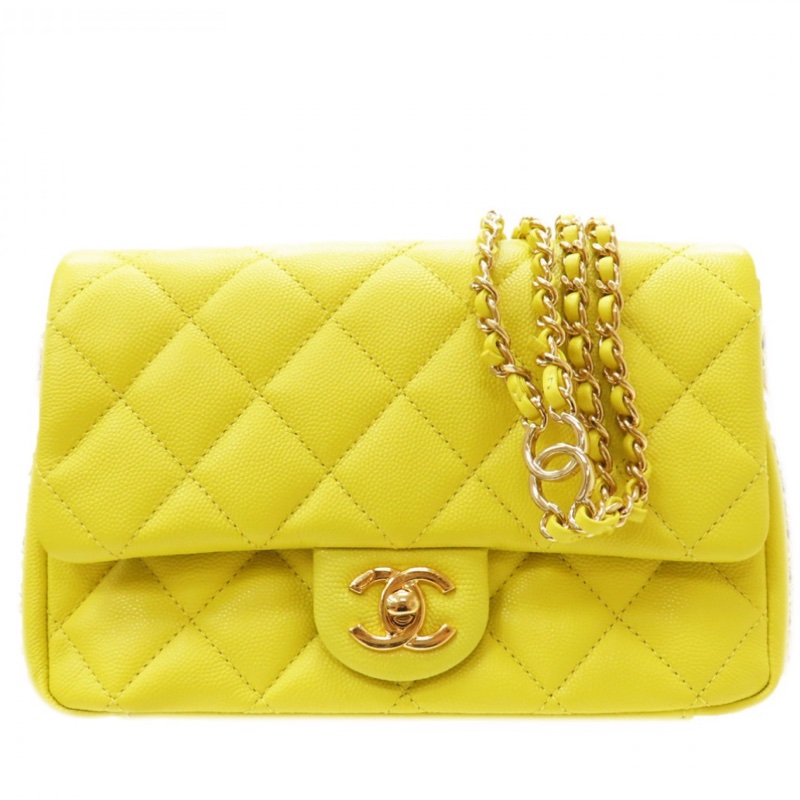 新款香奈兒23C檸檬黃🍋荔枝皮金釦 魚子醬紋mini COCO /23C Neon Yellow Caviar Coco Mini Flap Bag-3