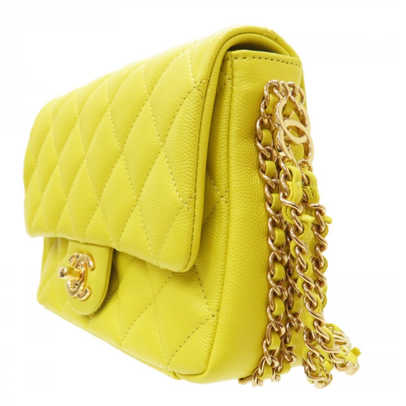 新款香奈兒23C檸檬黃🍋荔枝皮金釦 魚子醬紋mini COCO /23C Neon Yellow Caviar Coco Mini Flap Bag-4