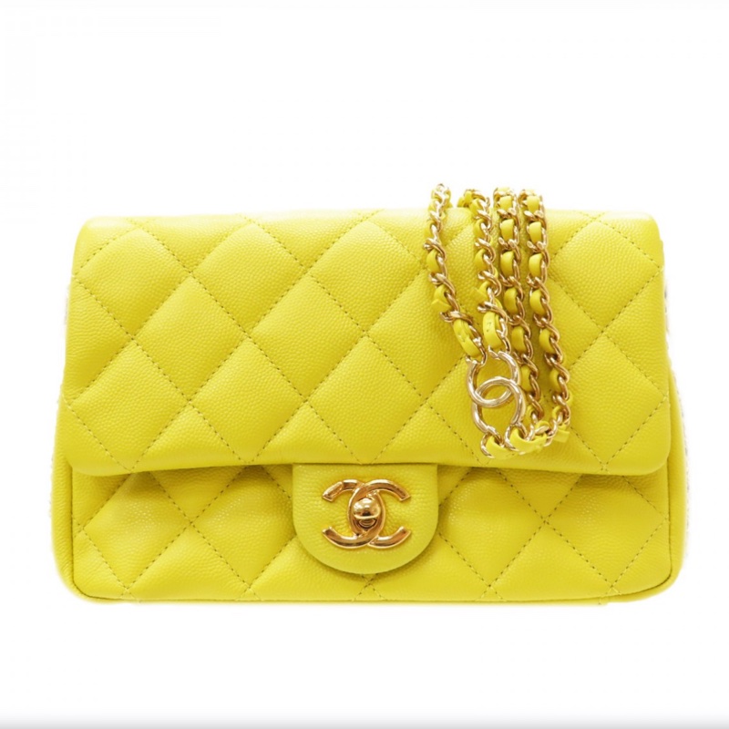 新款香奈兒23C檸檬黃🍋荔枝皮金釦 魚子醬紋mini COCO /23C Neon Yellow Caviar Coco Mini Flap Bag-5