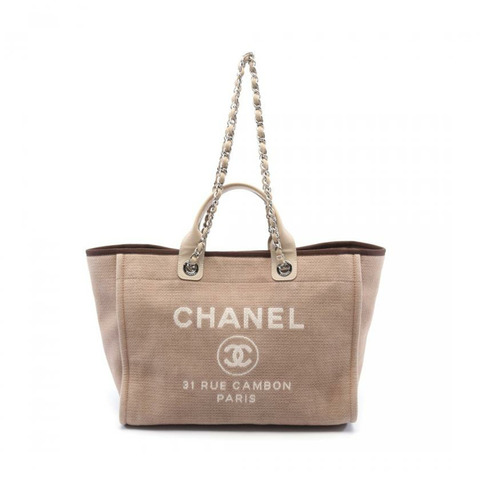 【日本直送】 中古CHANEL[B]Deauville 鏈條肩包 帆布托特包 真皮 米色 棕色 銀色五金