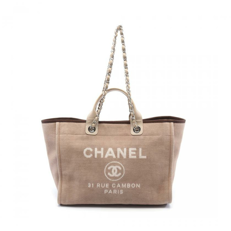 【日本直送】 中古CHANEL[B]Deauville 鏈條肩包 帆布托特包 真皮 米色 棕色 銀色五金-0