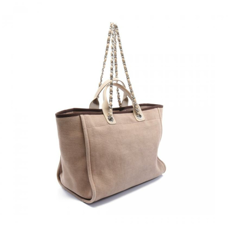 【日本直送】 中古CHANEL[B]Deauville 鏈條肩包 帆布托特包 真皮 米色 棕色 銀色五金-1
