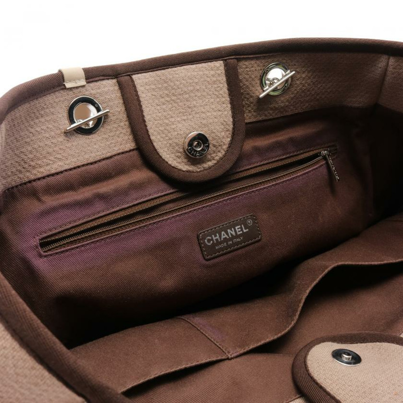 【日本直送】 中古CHANEL[B]Deauville 鏈條肩包 帆布托特包 真皮 米色 棕色 銀色五金-6
