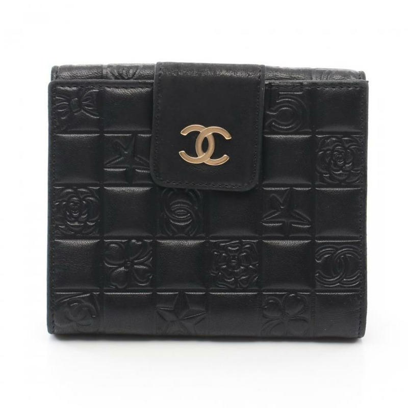 【日本直送】 中古CHANEL[B]Icon Line 對折錢包 雙子母扣錢包 小羊皮 黑色 金色五金-0