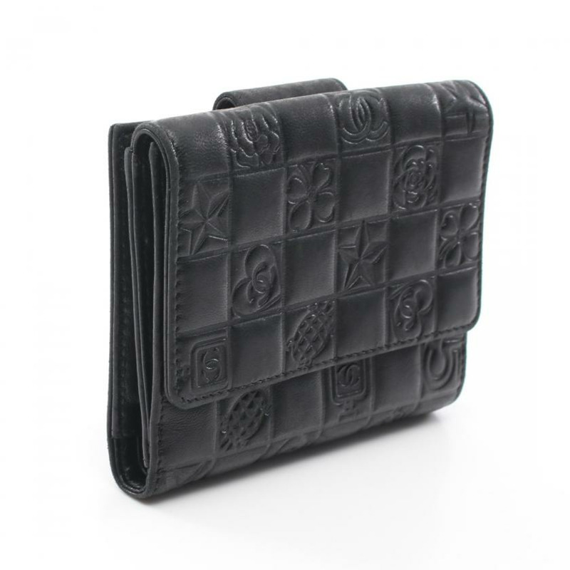 【日本直送】 中古CHANEL[B]Icon Line 對折錢包 雙子母扣錢包 小羊皮 黑色 金色五金-1