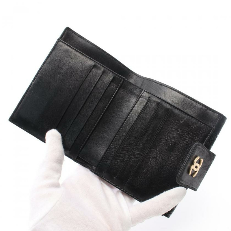 【日本直送】 中古CHANEL[B]Icon Line 對折錢包 雙子母扣錢包 小羊皮 黑色 金色五金-2