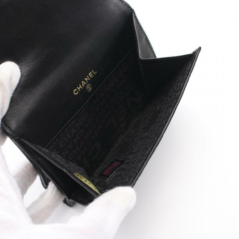 【日本直送】 中古CHANEL[B]Icon Line 對折錢包 雙子母扣錢包 小羊皮 黑色 金色五金-3