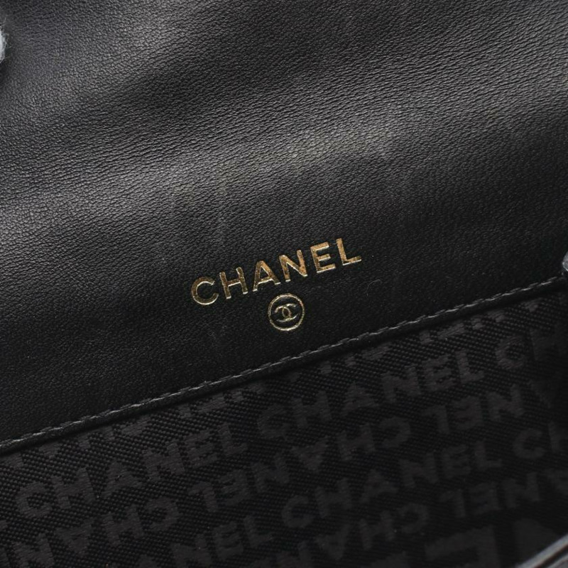 【日本直送】 中古CHANEL[B]Icon Line 對折錢包 雙子母扣錢包 小羊皮 黑色 金色五金-4