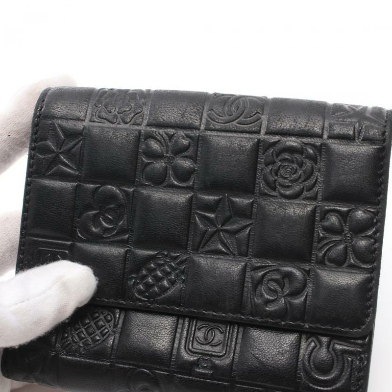 【日本直送】 中古CHANEL[B]Icon Line 對折錢包 雙子母扣錢包 小羊皮 黑色 金色五金-6