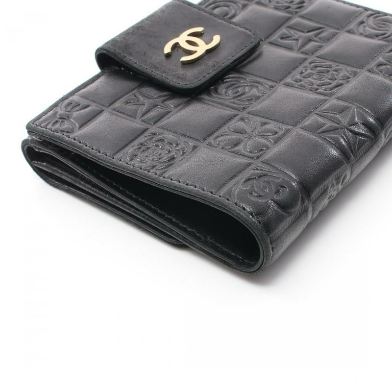 【日本直送】 中古CHANEL[B]Icon Line 對折錢包 雙子母扣錢包 小羊皮 黑色 金色五金-7