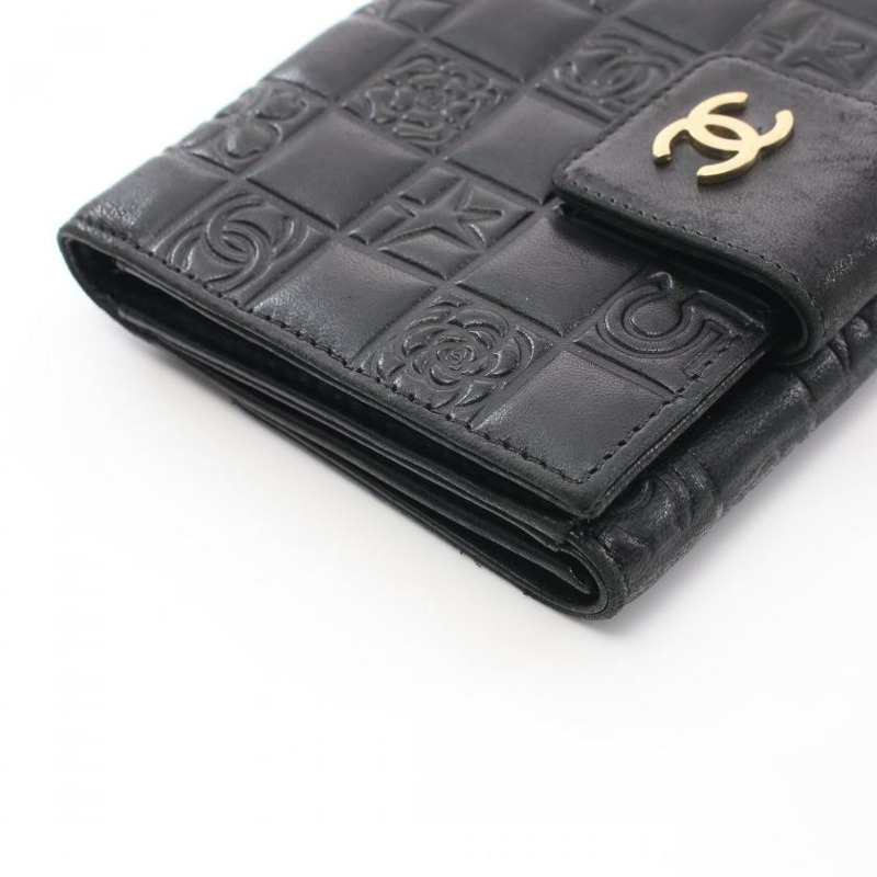 【日本直送】 中古CHANEL[B]Icon Line 對折錢包 雙子母扣錢包 小羊皮 黑色 金色五金-8