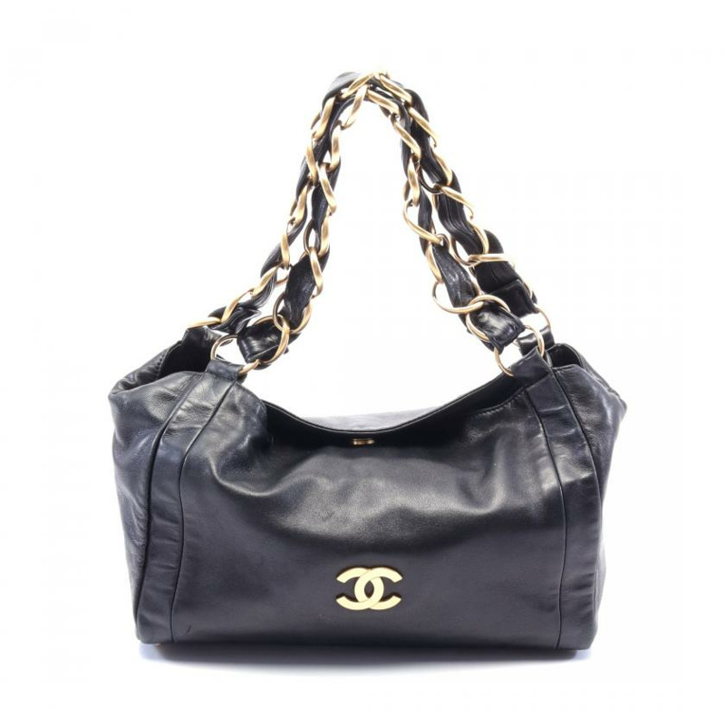【日本直送】 中古CHANEL[B]雙C標誌 鏈條單肩包 鏈條手提包 小羊皮 黑色 黃金五金-0