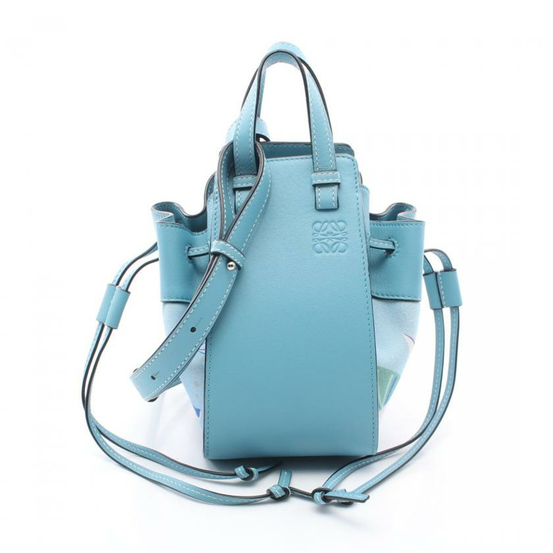 【日本直送】 中古LOEWE[AB]LOEWE × Paula's Ibiza HAMMOCK 巾著包 迷你 真皮帆布手提包 淺藍色 多彩色 兩用款-0