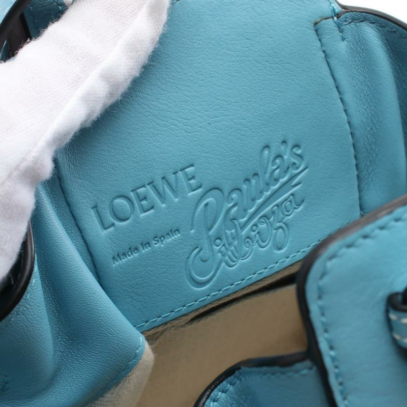 【日本直送】 中古LOEWE[AB]LOEWE × Paula's Ibiza HAMMOCK 巾著包 迷你 真皮帆布手提包 淺藍色 多彩色 兩用款-3