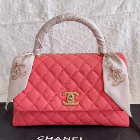 送白色Twilly 香奈兒 Chanel Coco Handle 中號 粉色 復古金釦