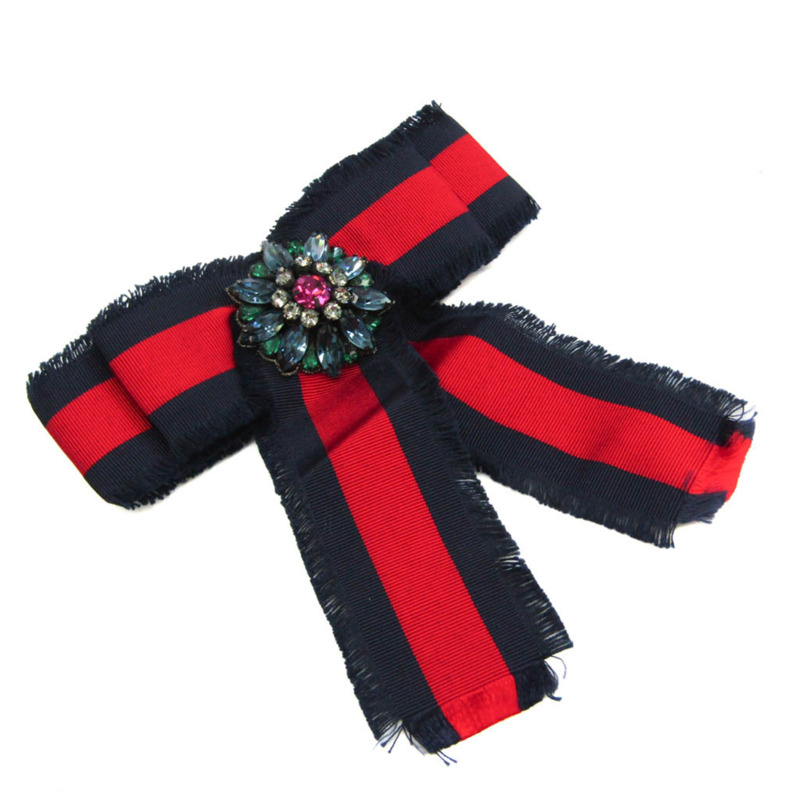 【日本直送】Gucci 羅緞蝴蝶結胸針 460827 金屬、水鑽、紡織胸針海軍藍、紅色-0