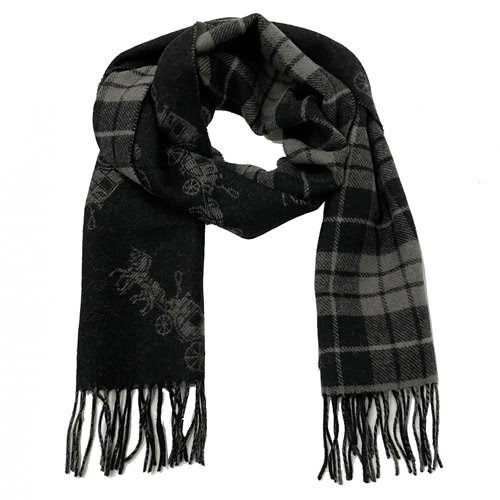 【COACH】馬車&格紋羊毛流蘇圍巾(黑灰)-0